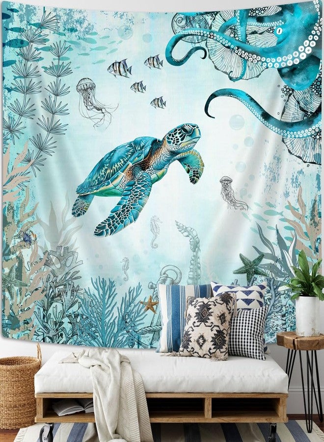 Wathon Sea Turtle Octopus Tapestry Blue Teal Ocean Wall Tapestry for Bedroom, Underwater Animal Seashell Jellyfish Coastal Nautical Tapestries, Sea Wall Art Poster for Dorm Home Decor 60X40IN - Image 2